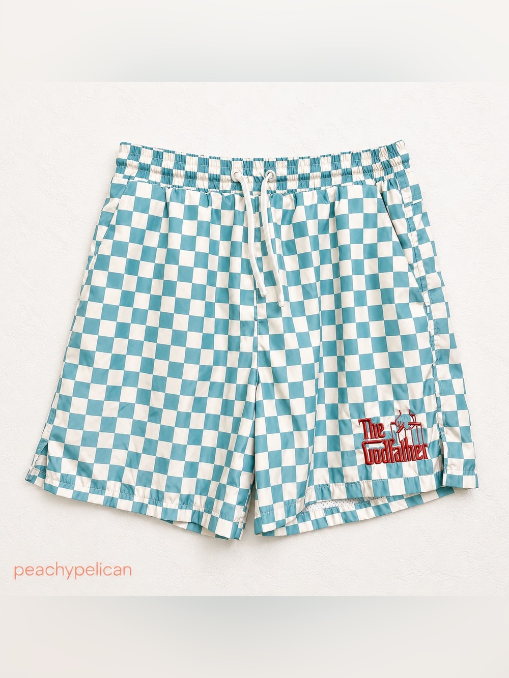 The Godfather Checkerboard Swim Trunks Blue & White Size M Drawstring Beach Shor